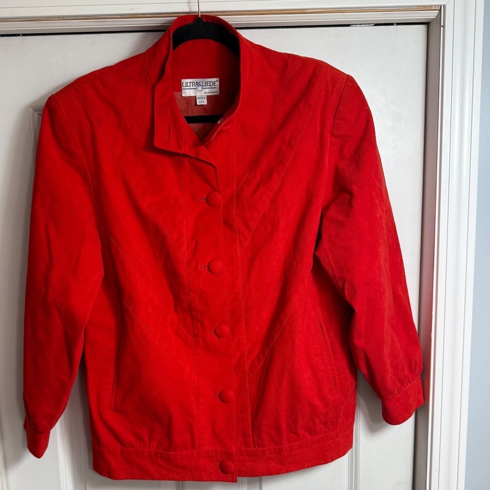 Ultra Suede Red Button Front Jacket‎ Women USA Made XL Bomber Read